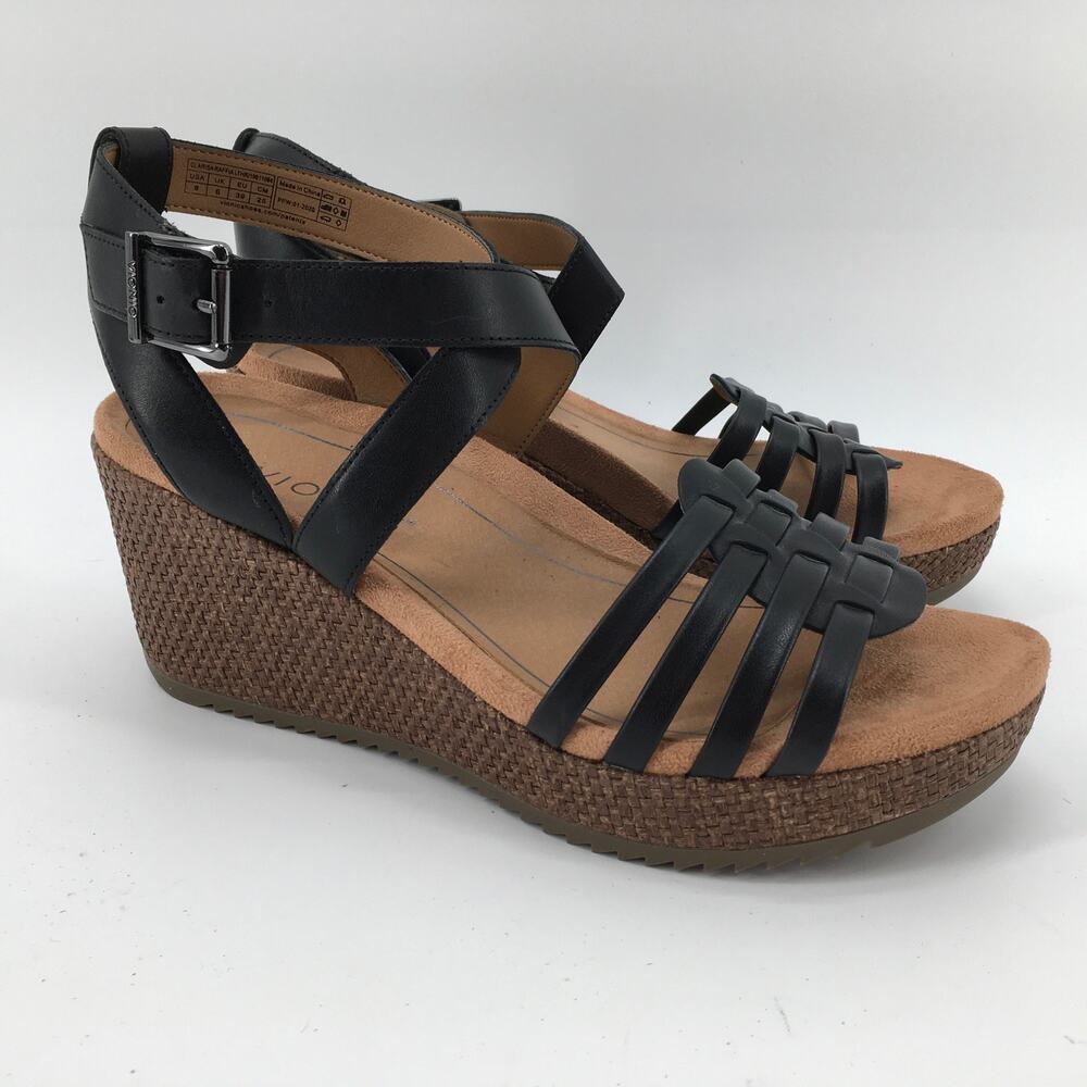 Vionic Clarisa Leather Strappy Cork Wedge Sandals Black Boho Casual Sz 8